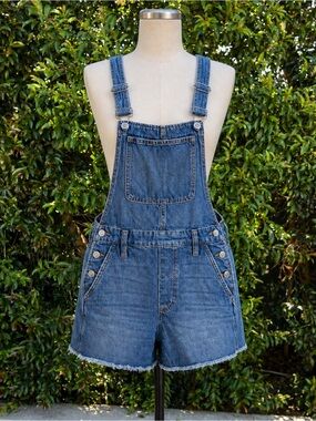 Madewell Denim Short Overalls Blue Distressed Bib Shorts Utility Retro